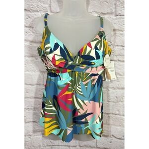 Contours By Coco Reef Womens Leaf Print Wrap Tankini Top Swimwear Size 38D / 14